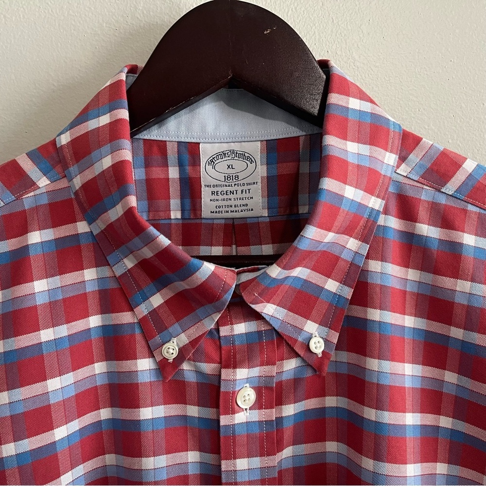 Brooks Brothers Men's XL Red White & Blue Check Plaid Button Down Short Sleeve - Picture 2 of 8